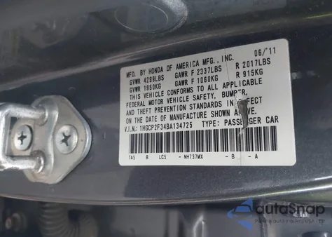 2011 Honda Accord 2.4 Lx from USA, damaged, VIN 1HGCP2F34BA134725
